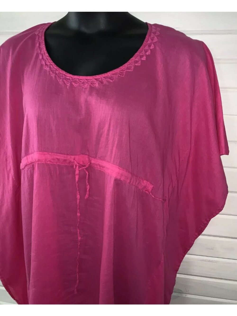 ECHO One Size Hot Pink Embroidered Neck Caftan Swim Cover Up Drawstring EUC